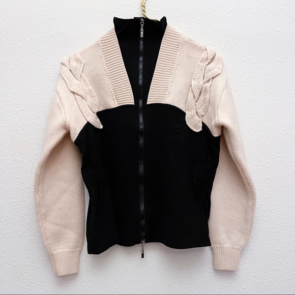 Celine Sweaters - Celine Wool Ruffle Shoulder Knit Zip Up Cream Black Cardigan